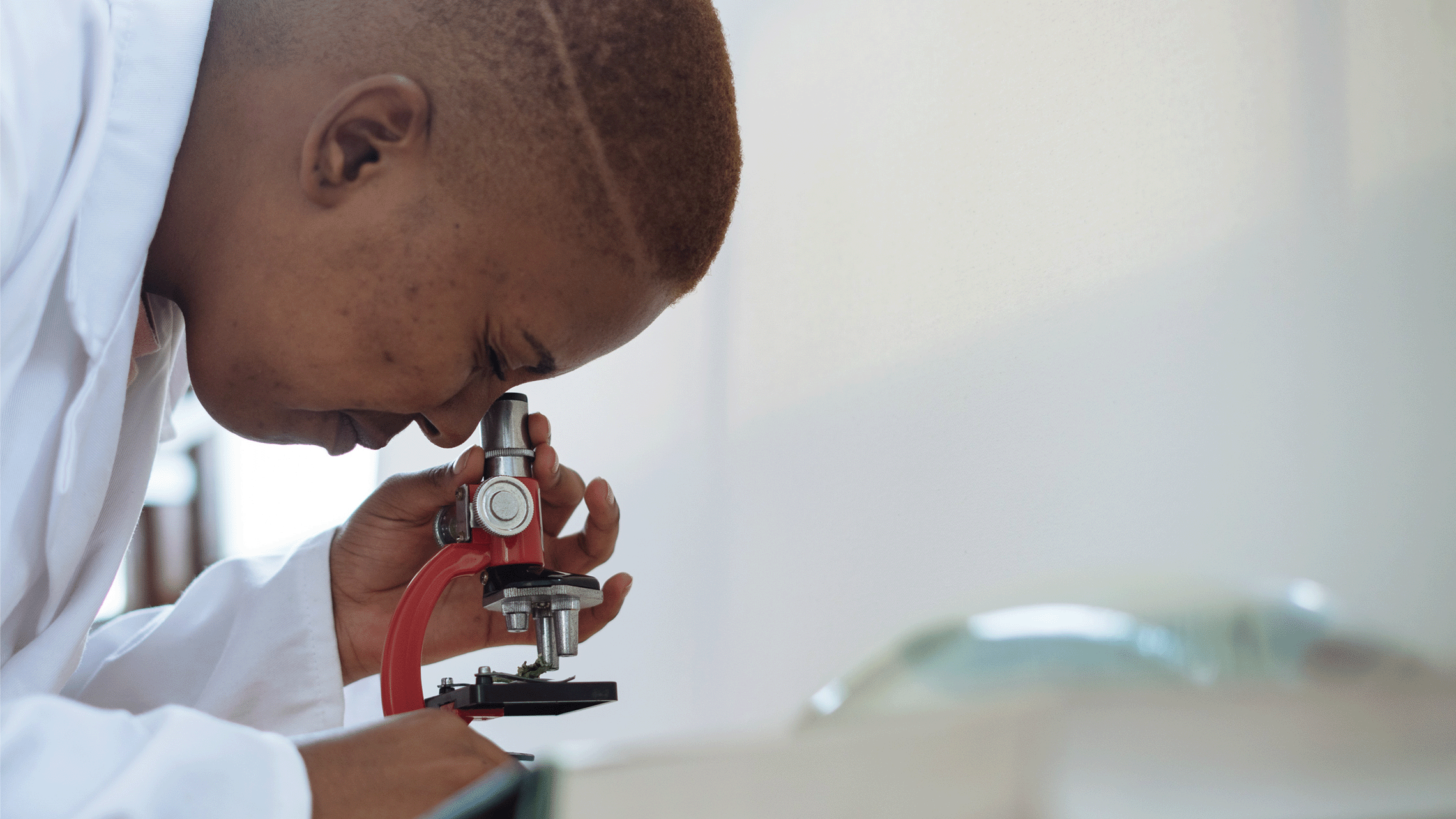 Researcher looking through microscope.
